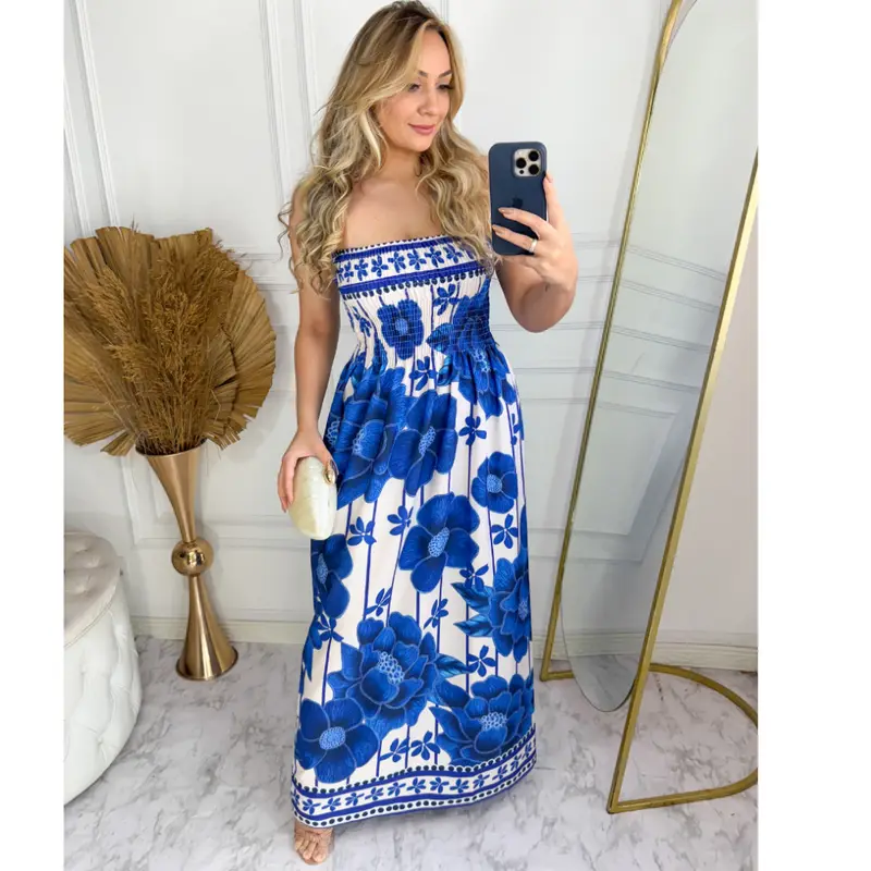 Vestido Longo Afrodite, estampa Azul Porcelana